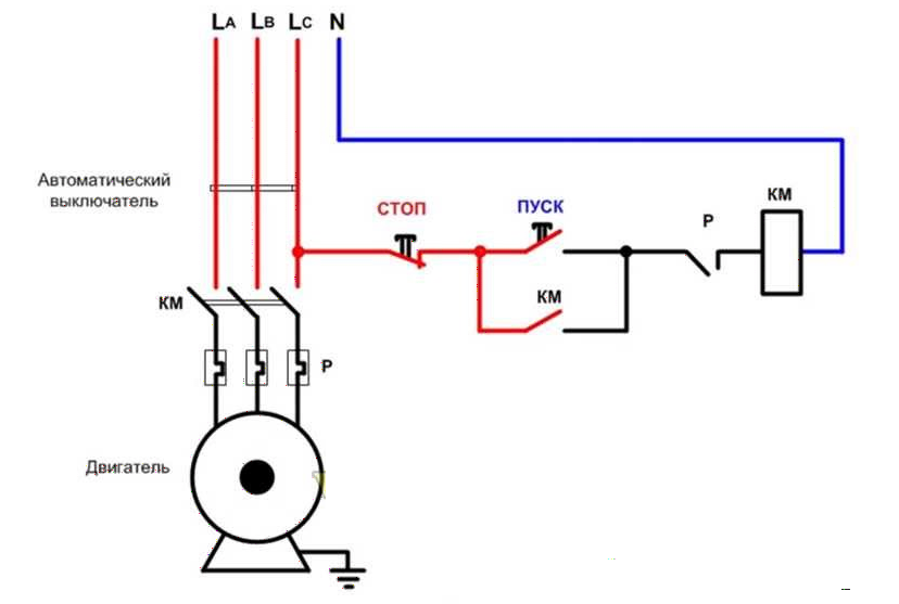 Схема подключения трехфазного двигателя через пускатель с кнопкой пуск стоп