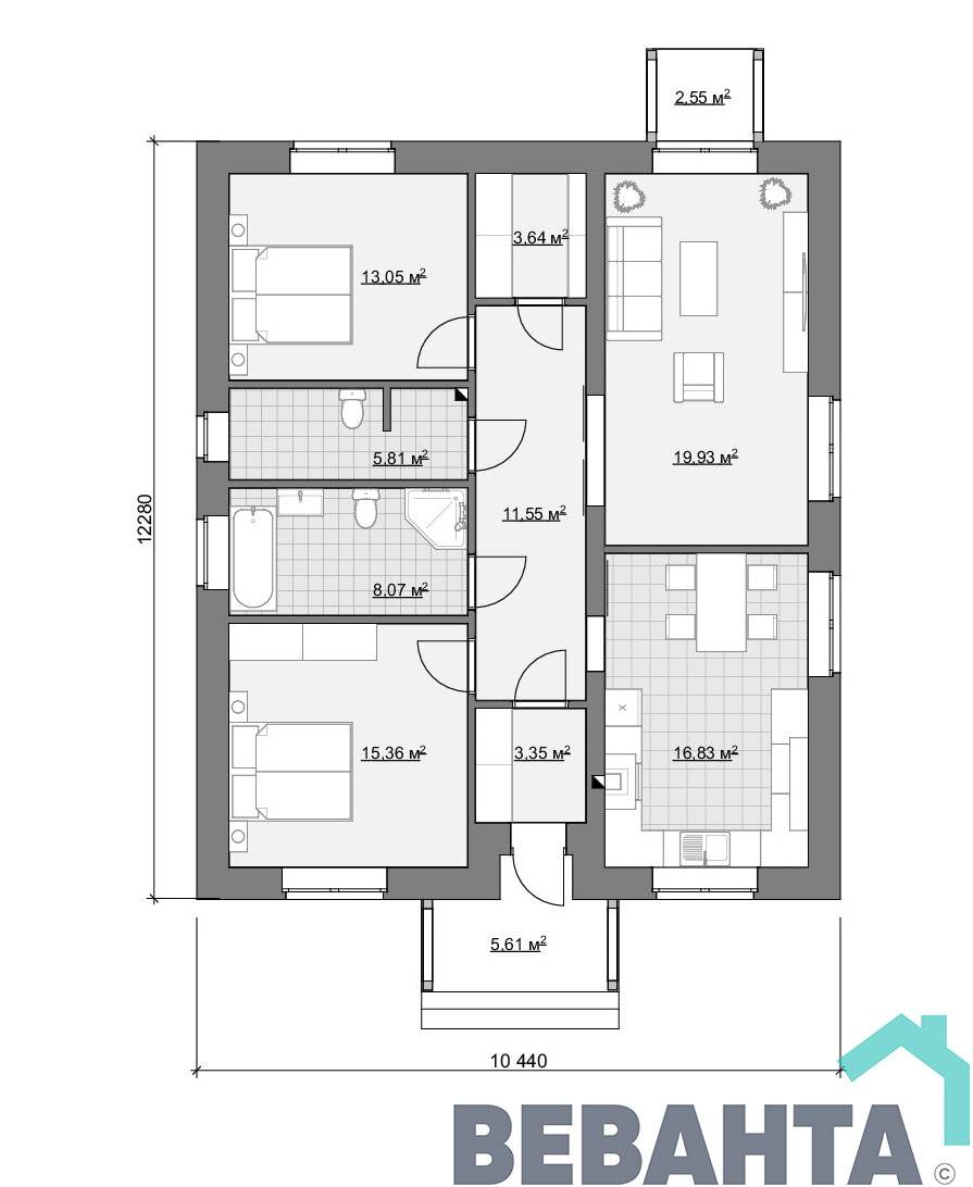 Проекты одноэтажных домов с тремя спальнями, удачные планировки