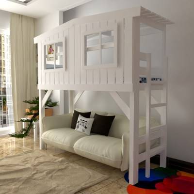 Кровать-чердак в интерьере; детская игровая зона или рабочая комната внизу