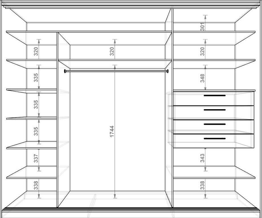 Схема шкафа для одежды с полками и ящиками
