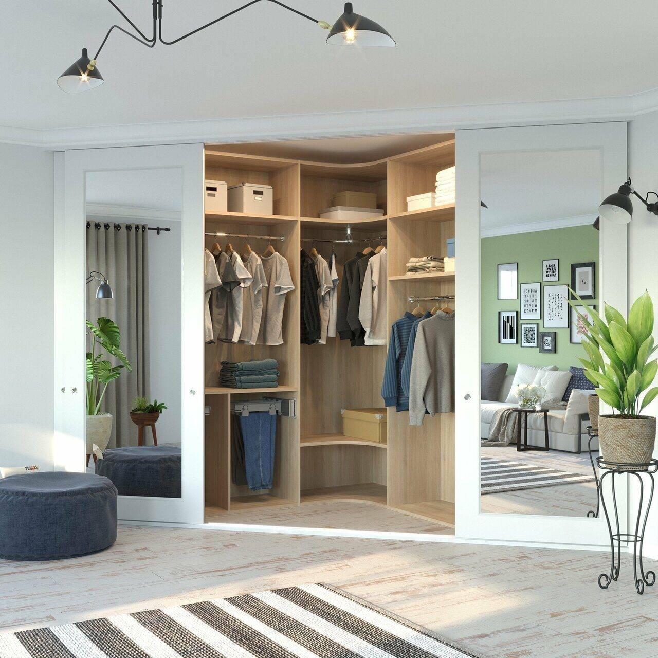 Дизайн угловой гардеробной комнаты маленького размера